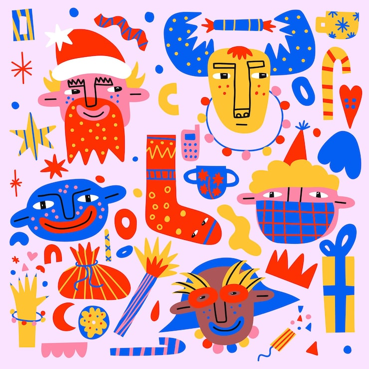 Collection of Christmas vibrant  bizarre stickers