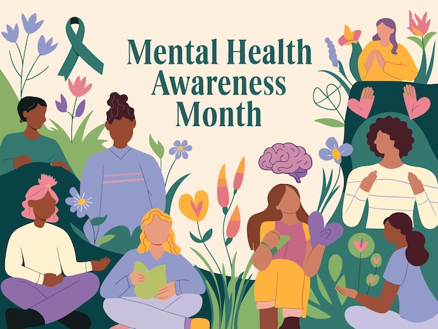 Vector mental health awareness month vector illustration people supporting mental wellness